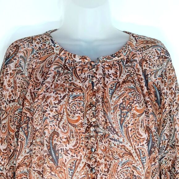 RACHEL ZOE Women’s Neutral Paisley Sheer Blouse Medium Boho Balloon Cropped - Picture 2 of 11
